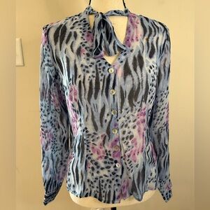 Tess leopard print silk top in blue purple & black semi sheer SZ 10